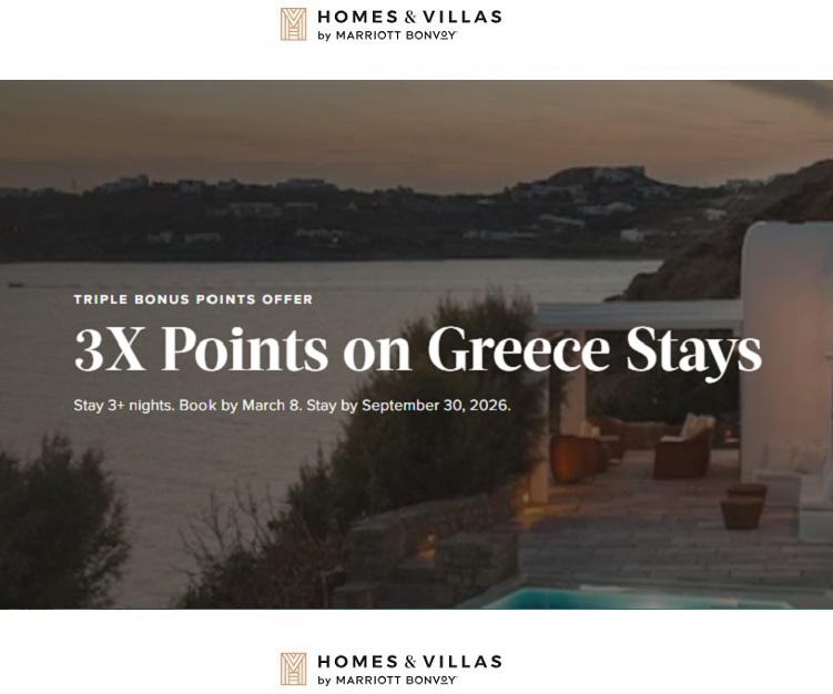 Промоакция: в три раза больше баллов Marriott Bonvoy за проживания в Homes & Villas в Греции в Марте-Сентябре 2026 года