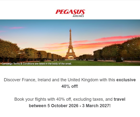 Промоакция: распродажа Exclusive 40% от Pegasus Airlines на перелеты во Францию, Великобританию и Ирландию